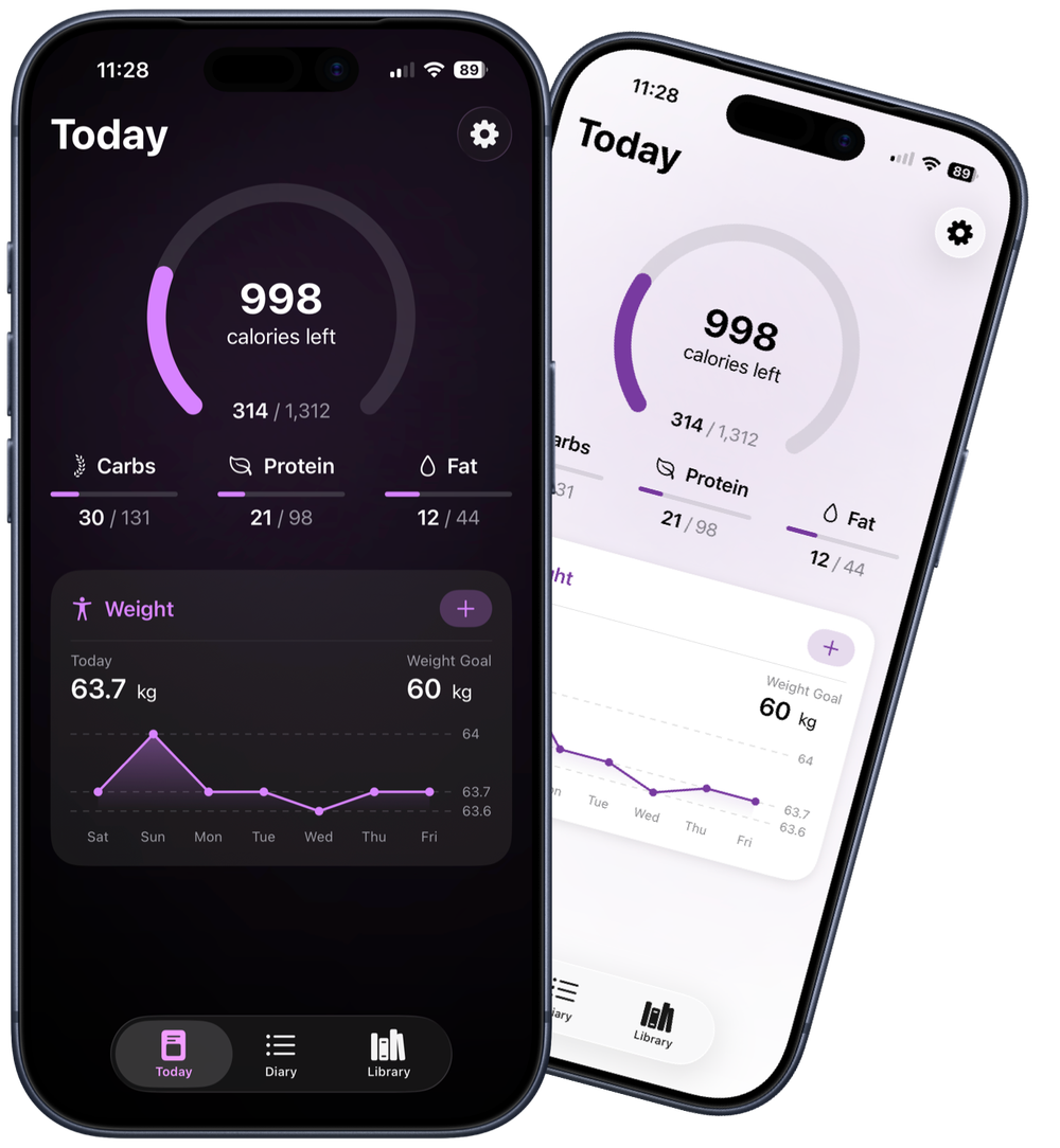 Nunch app dashboard showing calorie and macro tracking in both light and dark themes