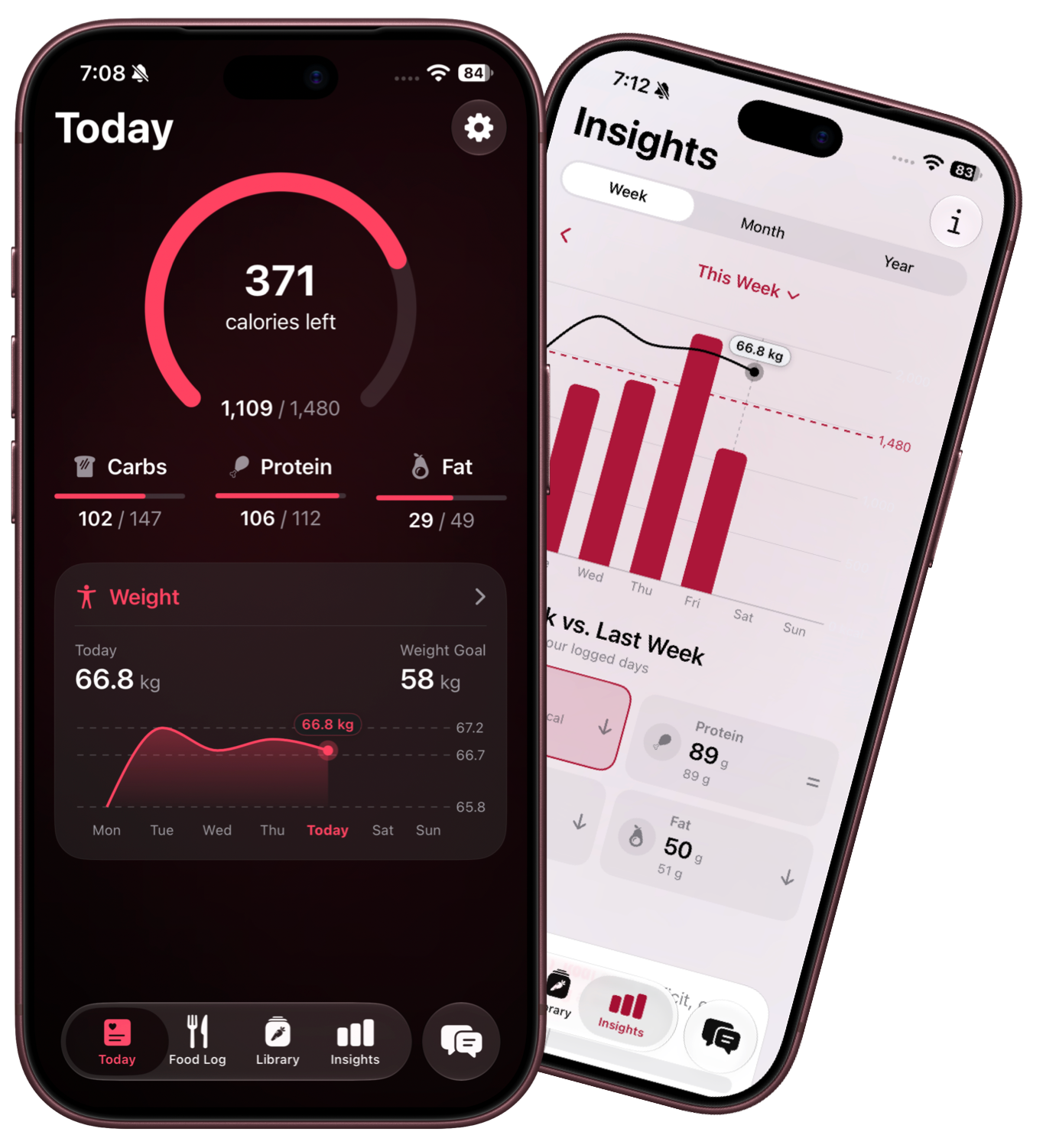 Nunch Today and Insights screens with cherry red calorie, macro, and weight charts