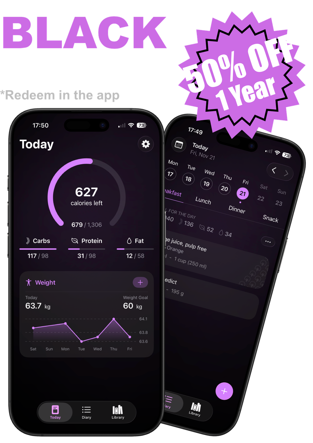 Nunch app dashboard showing calorie and macro tracking in both light and dark themes