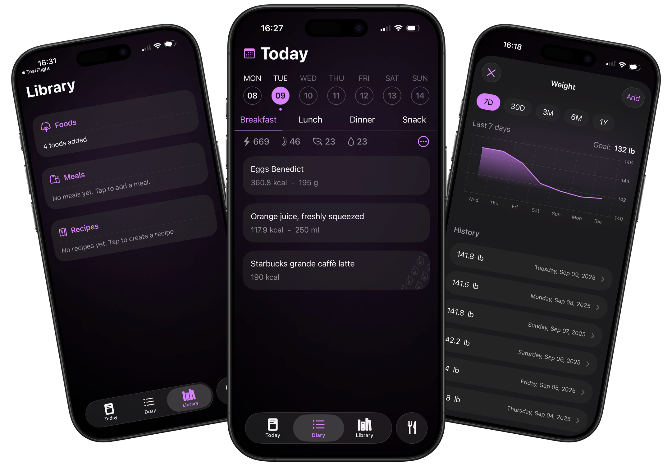 Nunch app screens showing various themes, calorie tracking, and weight tracking